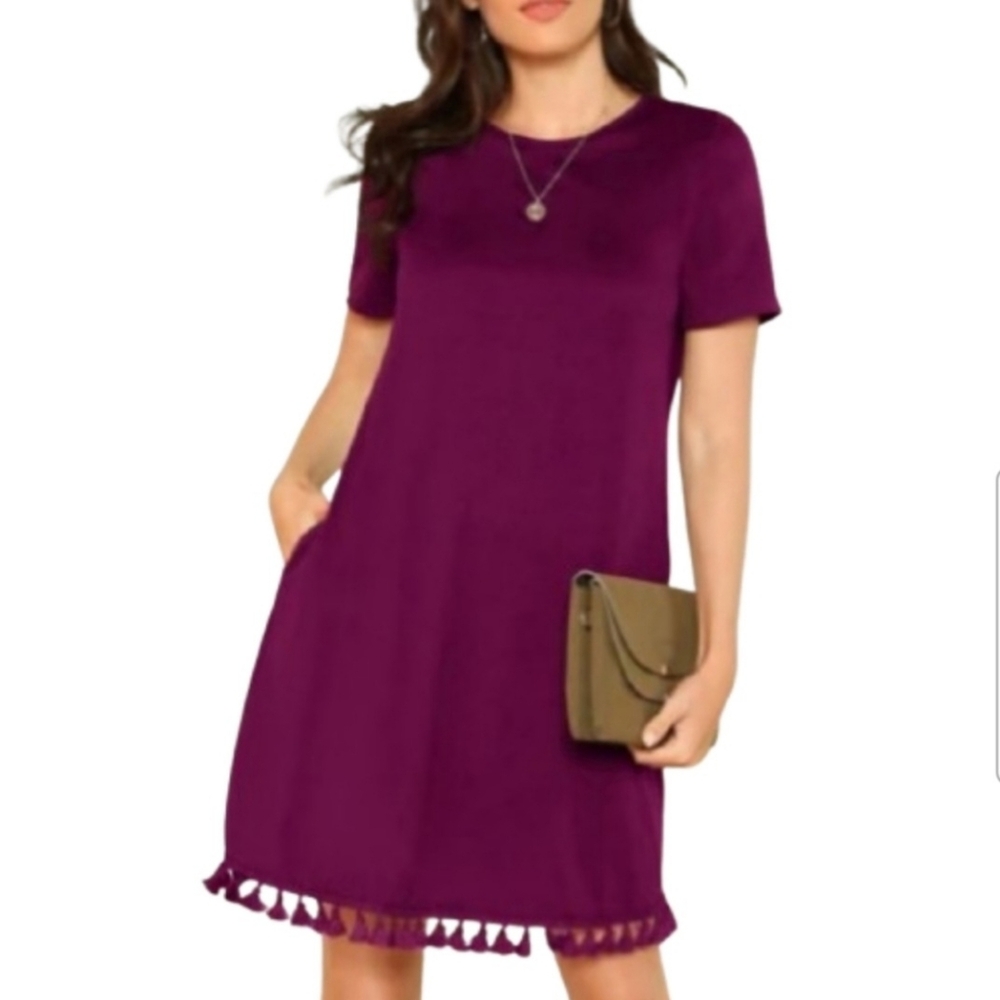 SHEIN Raspberry Pink Short Sleeve T-Shirt Dress Tassel Trim Pockets Crewneck
